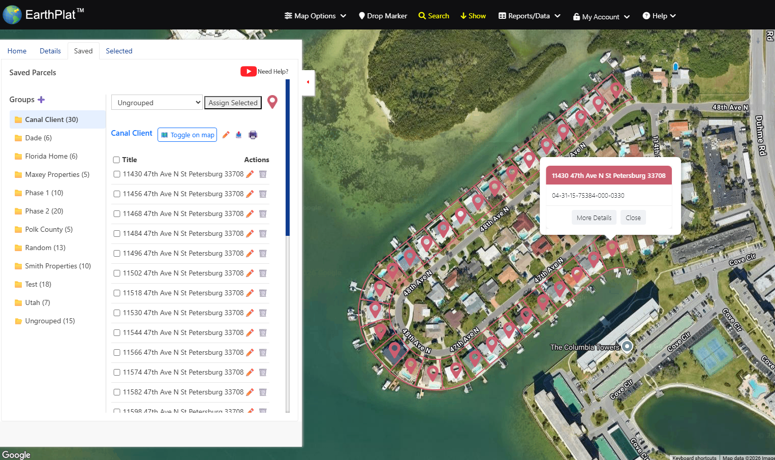 Saved parcels and group management