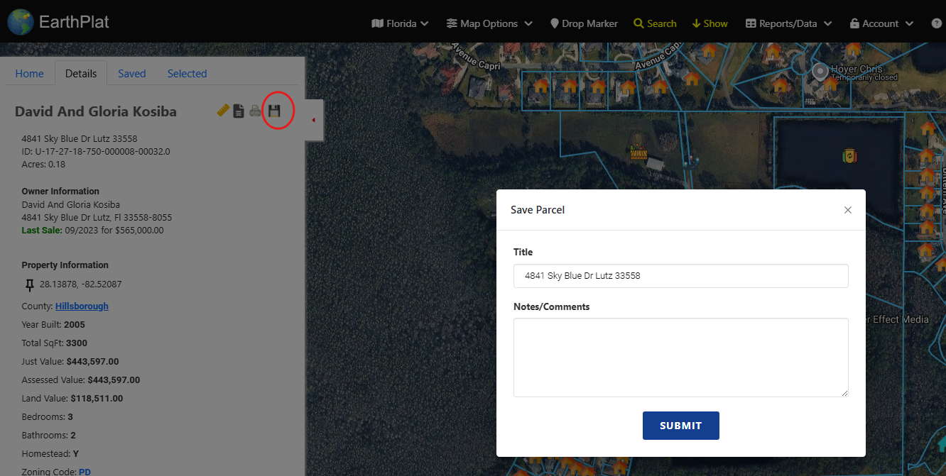 EarthPlat parcel details pane