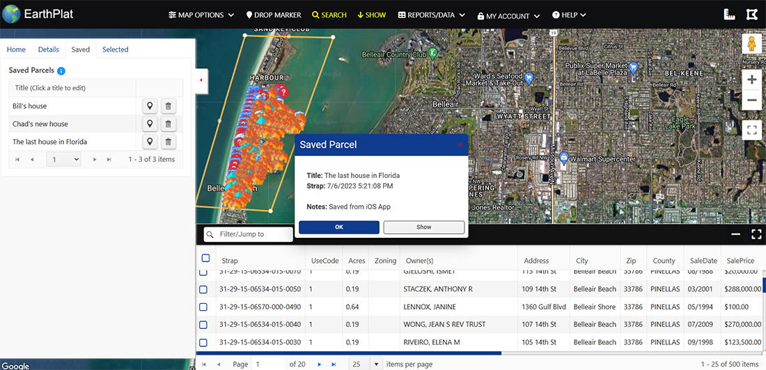 Drop pins and save areas from the mobile app to use later online.